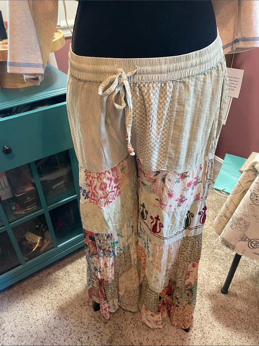 Boho Patchwork Drawstring Women’s Palazzo Pants - Cream Multi   Young Threads